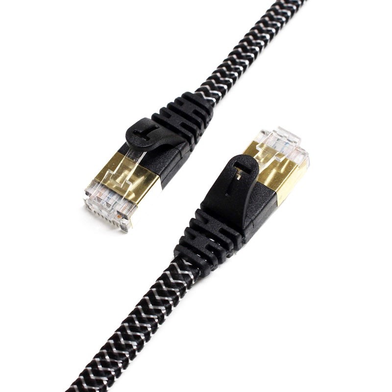 Tera Grand - 50FT - CAT7 10 Gigabit Ethernet Ultra Flat Patch Cable for Modem Router LAN Network - Braided Jacket, Gold Plated Shielded RJ45 Connectors, Faster Than CAT6a CAT6 CAT5e, Black & White - Image 1